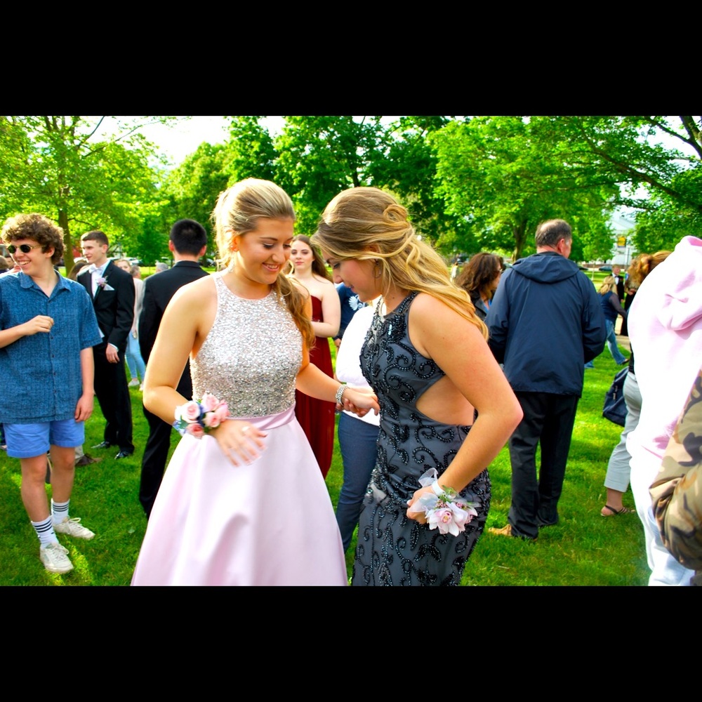 Charcoal grey and black beaded prom dress